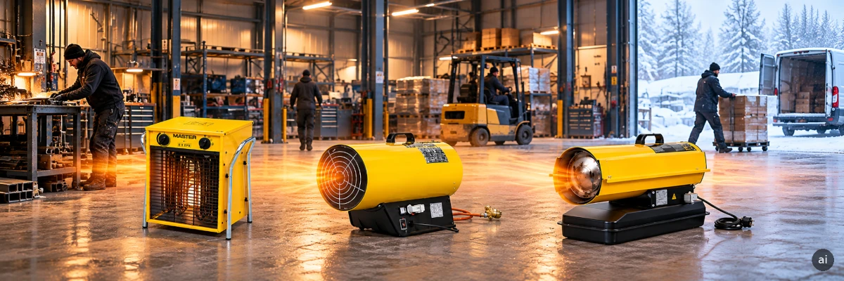 Aeroterme industriale electrice, pe gaz si motorina intr-o hala industriala cu muncitori.