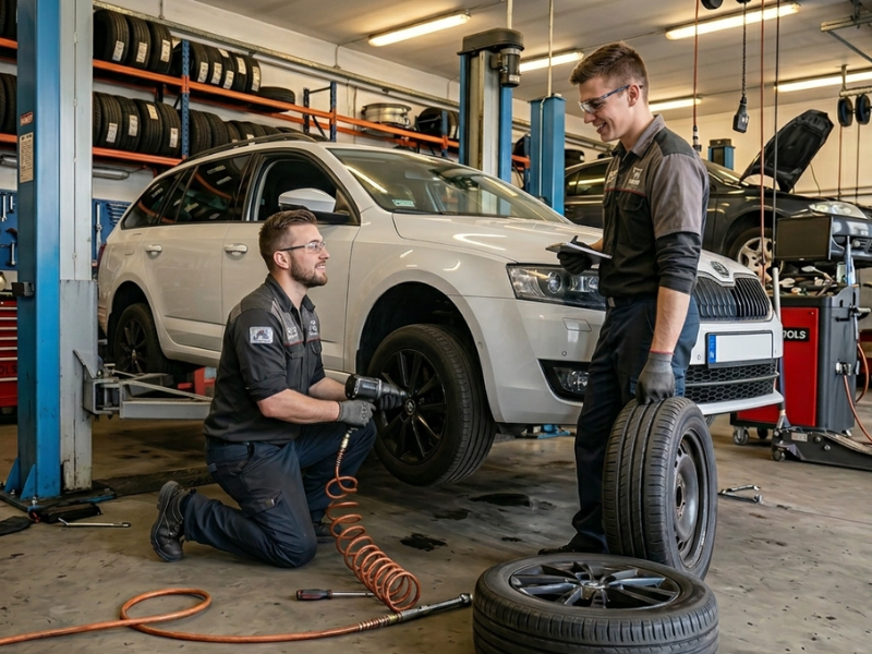 autószerelő műhelyben beszélgetés kerékcsere közben