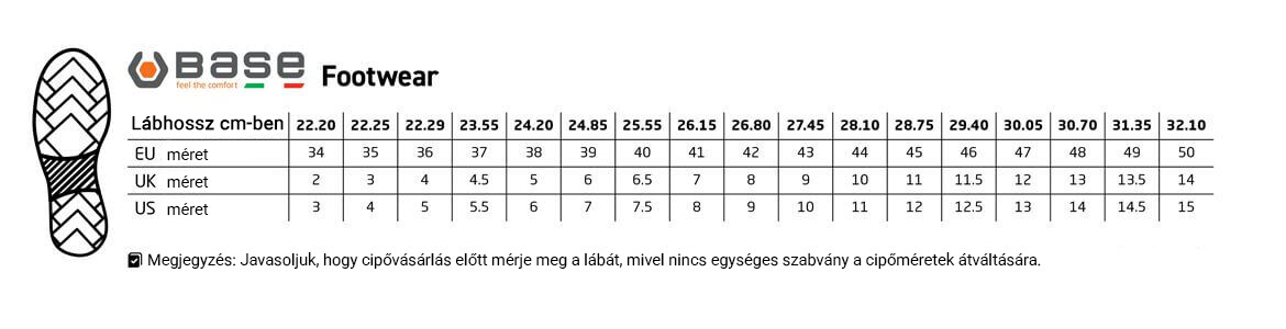 Base munkavédelmi cipők mérettáblázat