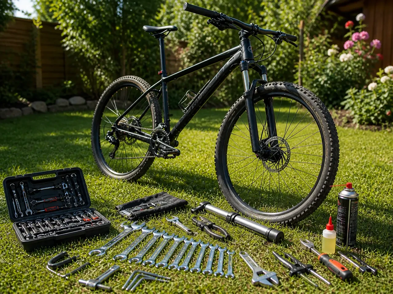 bicicleta pe iarba cu unelte pentru reparatii