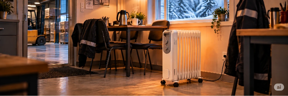 Calorifer electric cu ulei intr-o camera de pauza confortabila, pe timp de iarna.