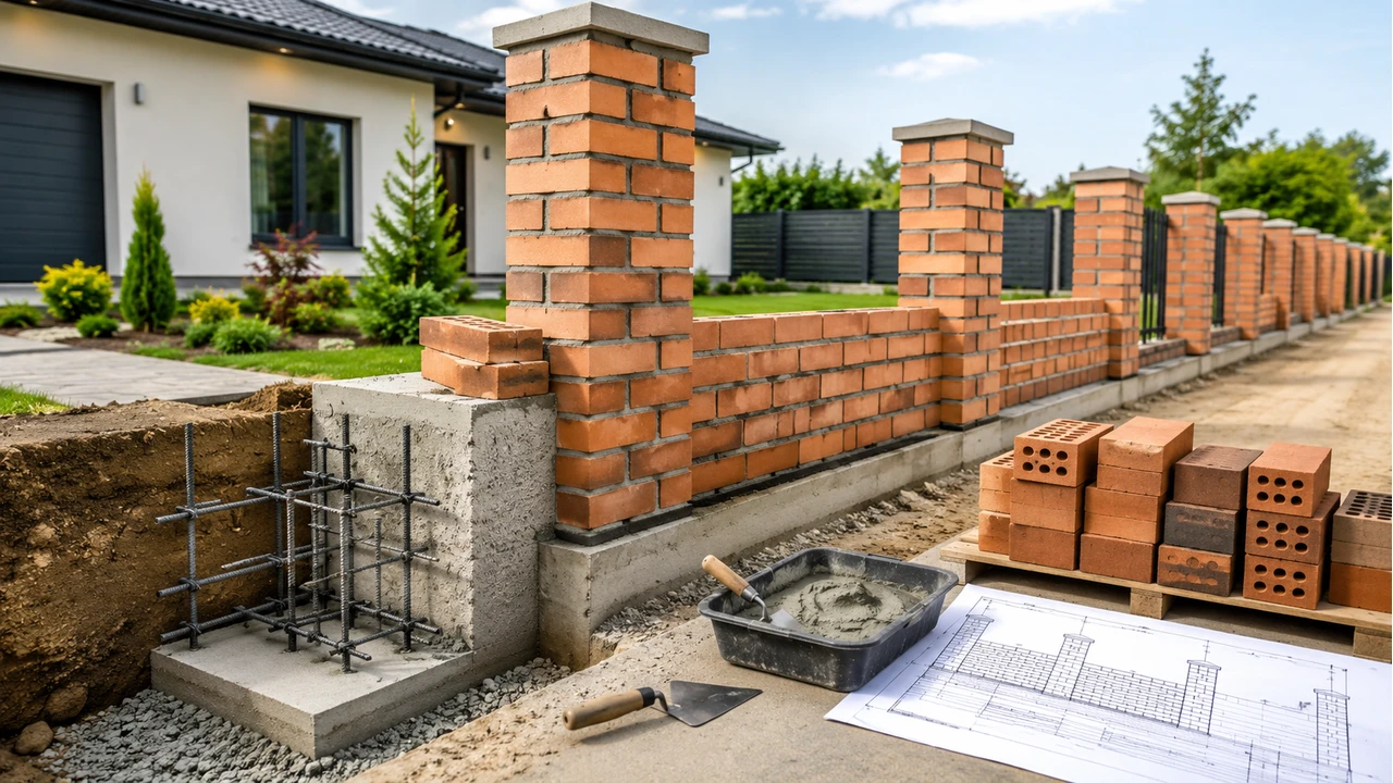 Constructia unui gard din caramida in fata unei case moderne, cu fundatie din beton, stalpi ziditi, materiale de lucru si plan tehnic in prim-plan