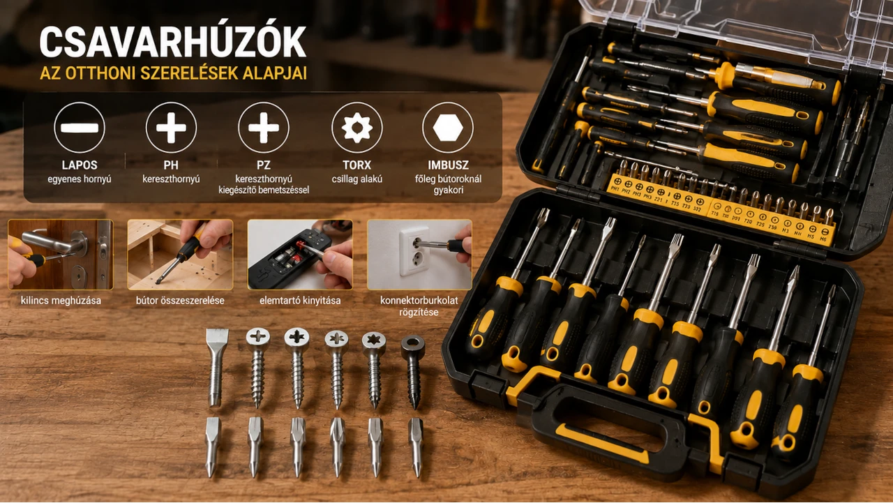 Csavarhúzókészlet lapos, PH, PZ, Torx és imbusz csavarfejekkel otthoni szereléshez.