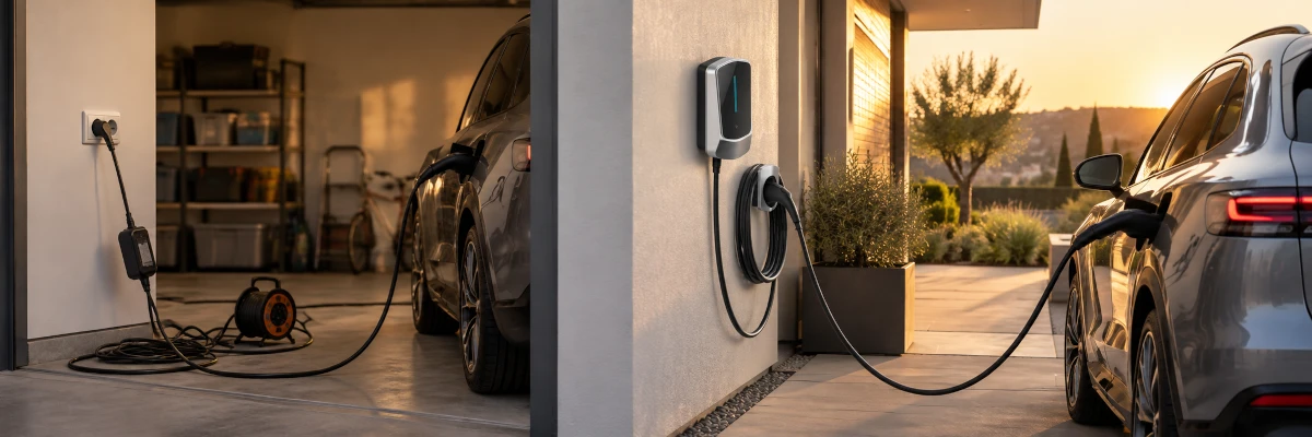 Elektromos autó otthoni töltése hagyományos konnektorról és fali autótöltővel
