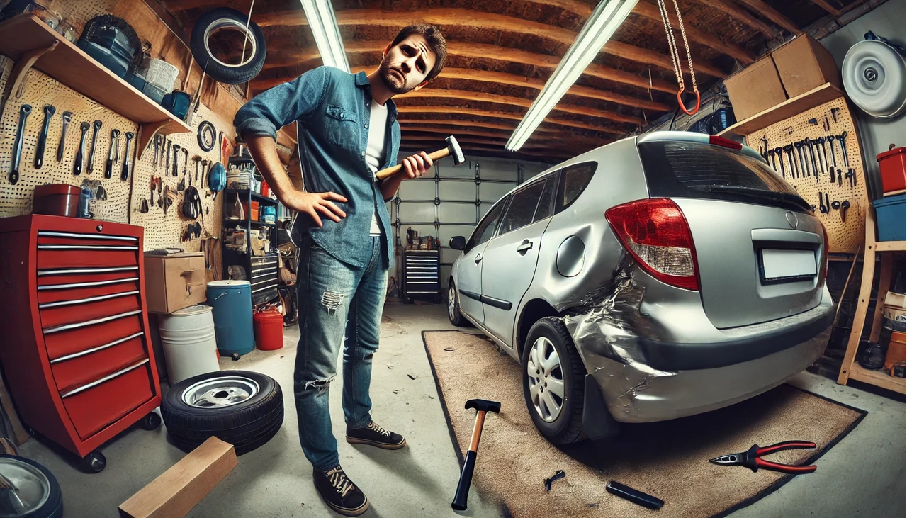 férfi áll a horpadt autója mellett tanácstalanul