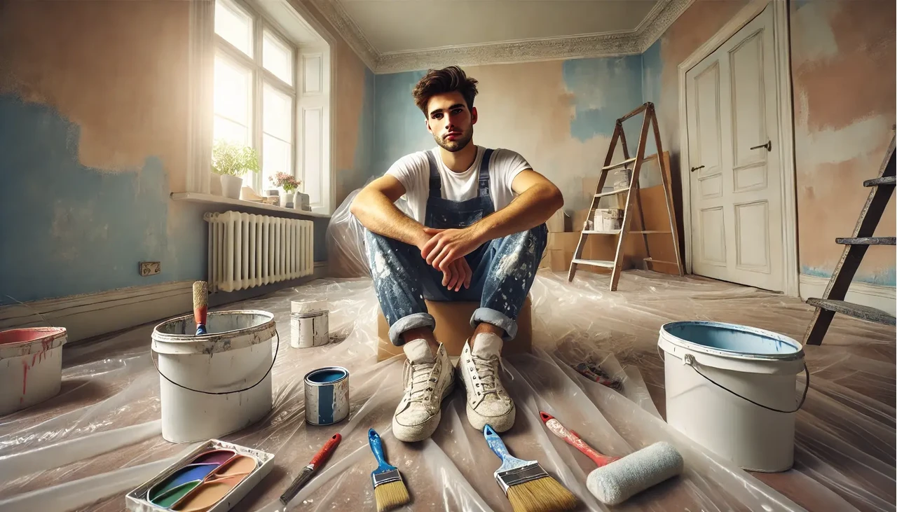 festés alatt levő szobában ül egy férfi