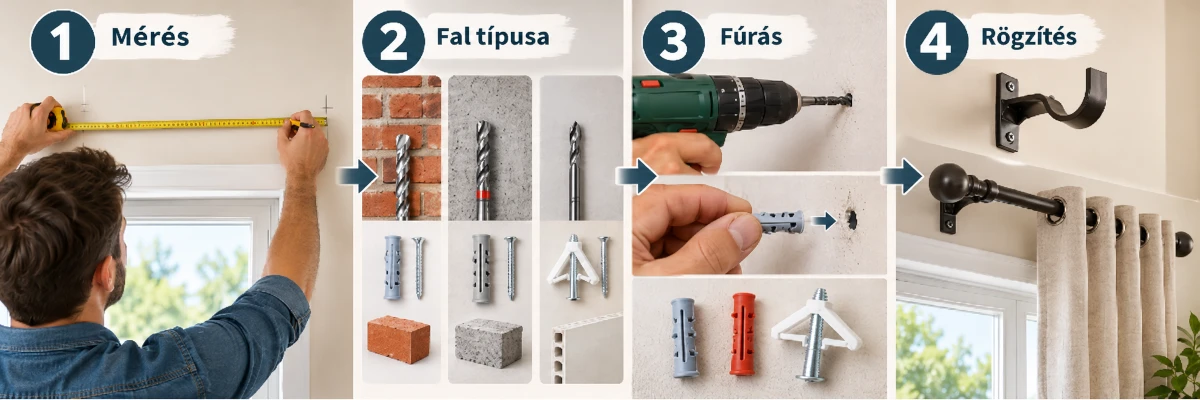 Függönykarnis felszerelése négy lépésben mérés, fúrószárválasztás, fúrás és rögzítés