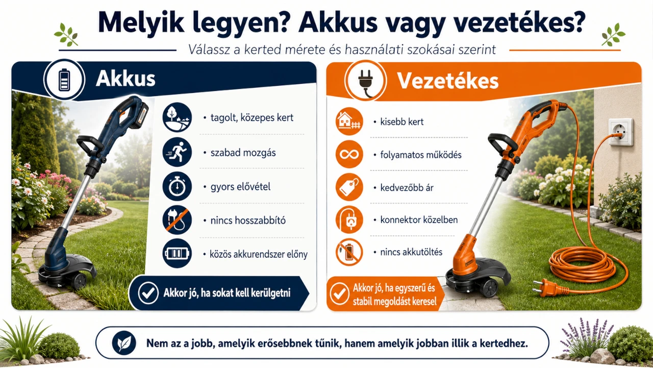 Infografika az akkus és vezetékes szegélyvágó összehasonlításáról, a két típus fő előnyeivel és ajánlott felhasználási területeivel