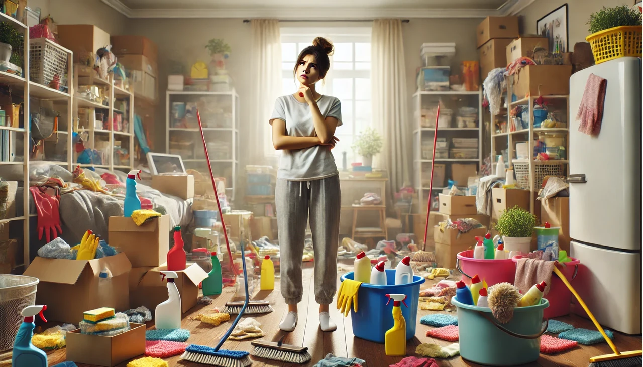 káosz takarítás közben egy nő áll egy szoba közepén ami takarításra vár