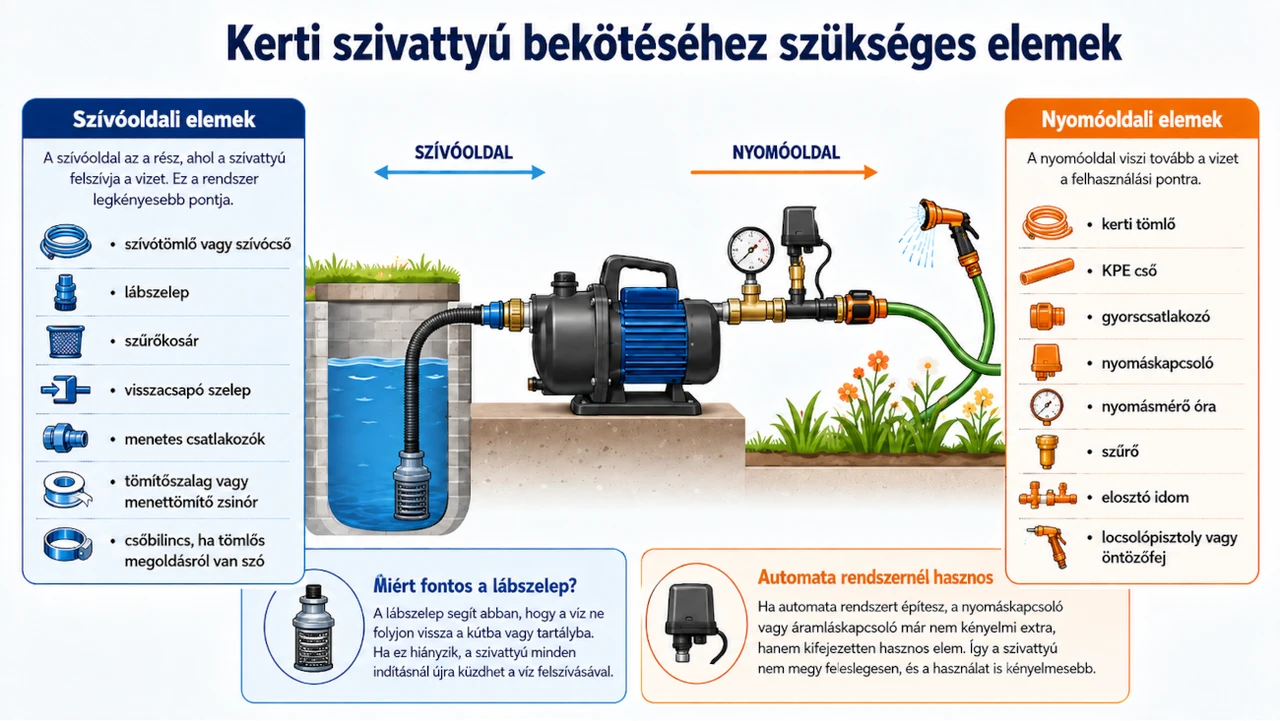Kerti szivattyú bekötéséhez szükséges elemek infografika
