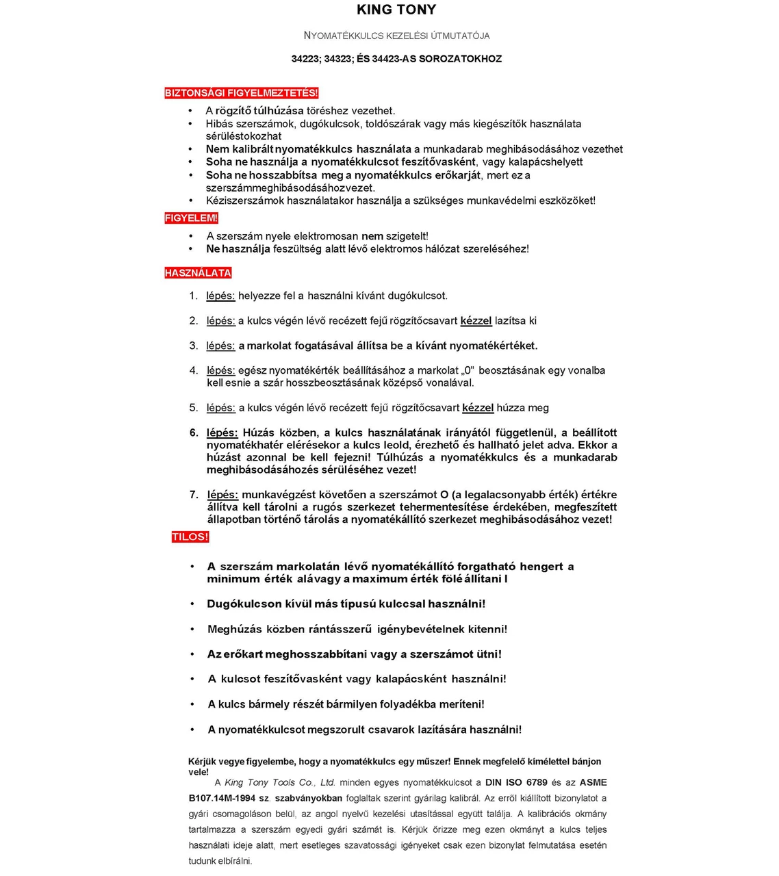King Tony nyomatékkulcs kezelési tájékoztató 2