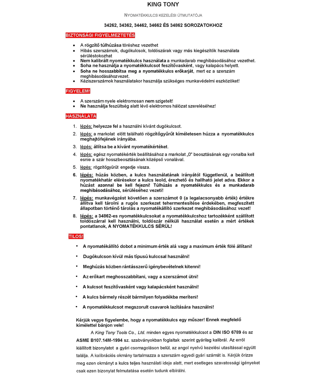 King Tony nyomatékkulcs kezelési tájékoztató