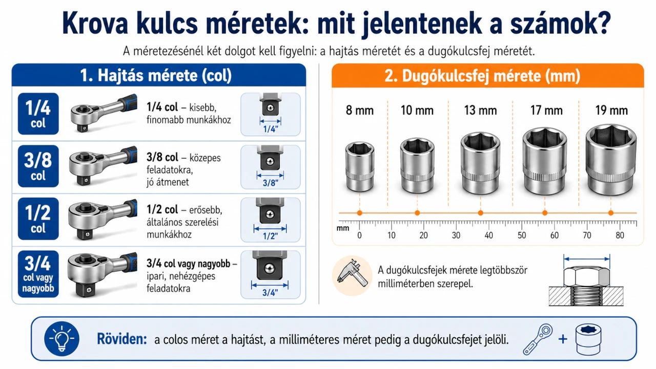 Krova kulcs méretek infografika hajtásméretekkel colban és dugókulcsfej-méretekkel milliméterben