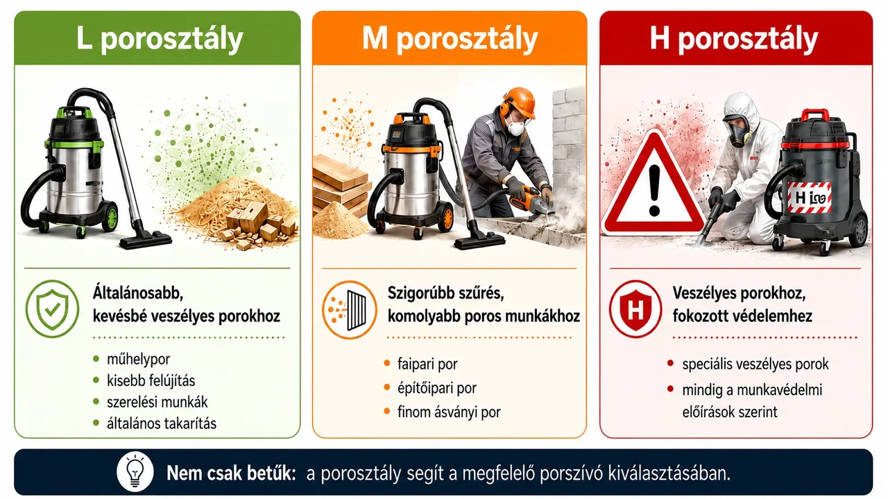 L, M és H porosztályok összehasonlítása ipari porszívóknál