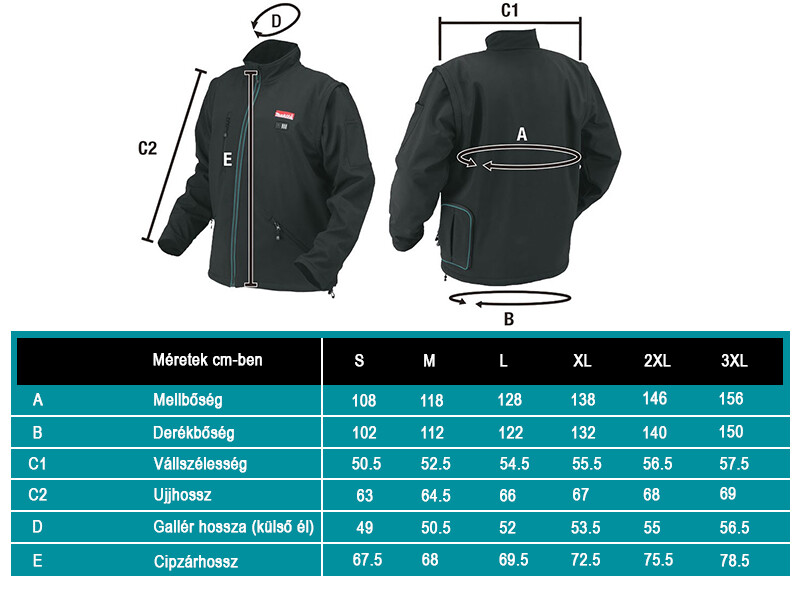 Makita hűthető kabátok mérettáblázat