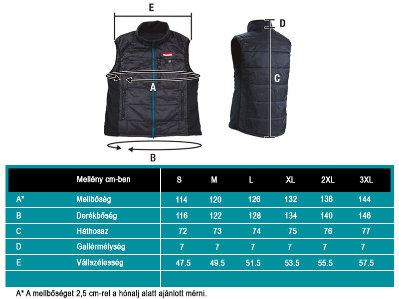 Makita hűthető mellények mérettáblázat
