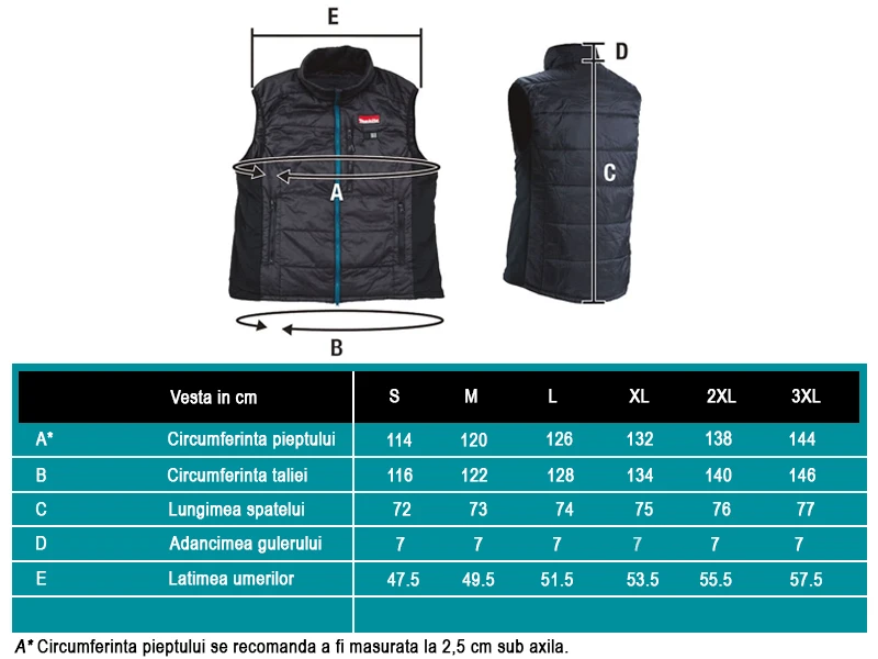 Makita fűthető kabátok és pulóverek mérettáblázat -RO