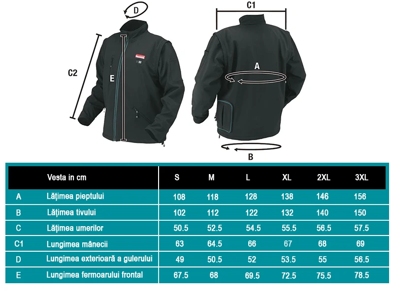 Makita fűthető kabát mérettáblázat -RO