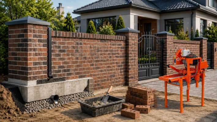 Masina de taiat caramida langa un gard din caramida in constructie