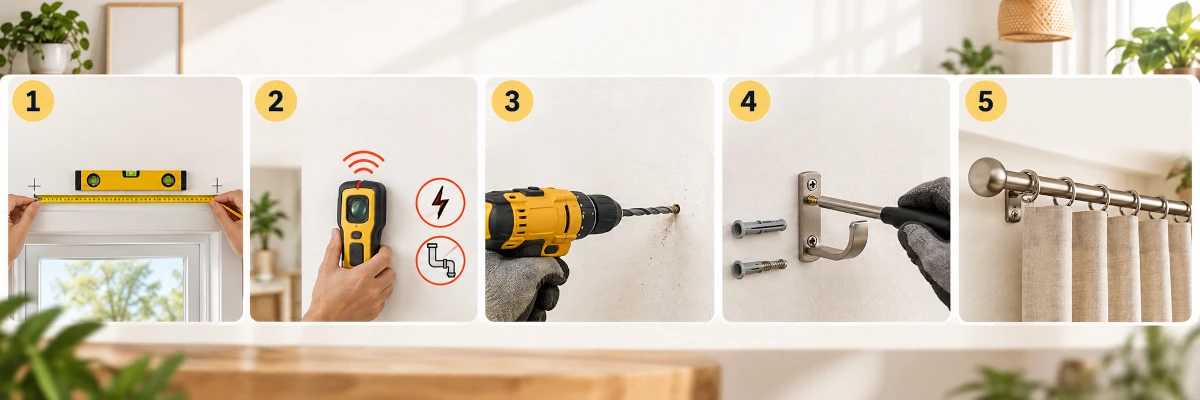 Montare galerie perdea in 5 pasi simpli, de la masurare la fixare