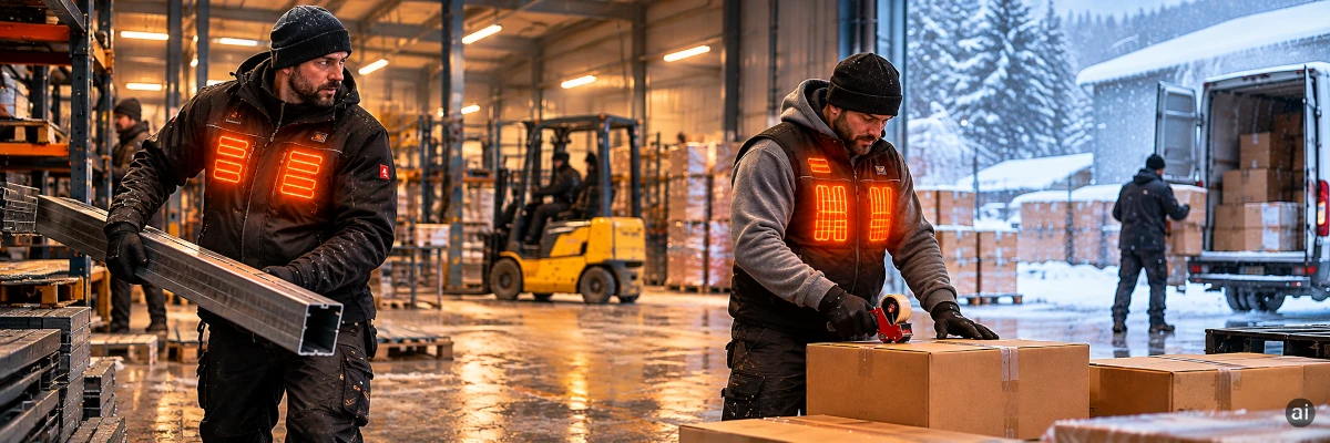 Muncitori cu geaca si vesta cu incalzire intr-un depozit industrial pe timp de iarna.