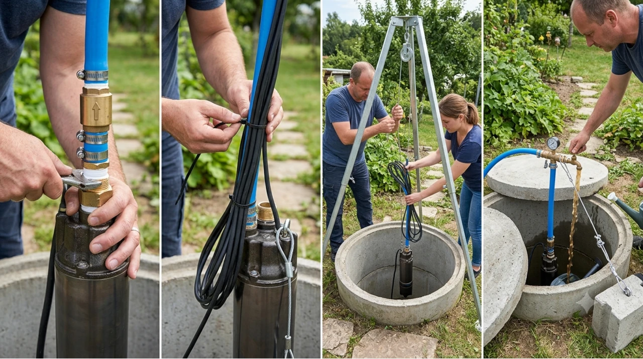 Panouri pas cu pas pentru montarea unei pompe submersibile conectarea conductei, fixarea cablului electric, coborârea în fântână și testarea instalației.