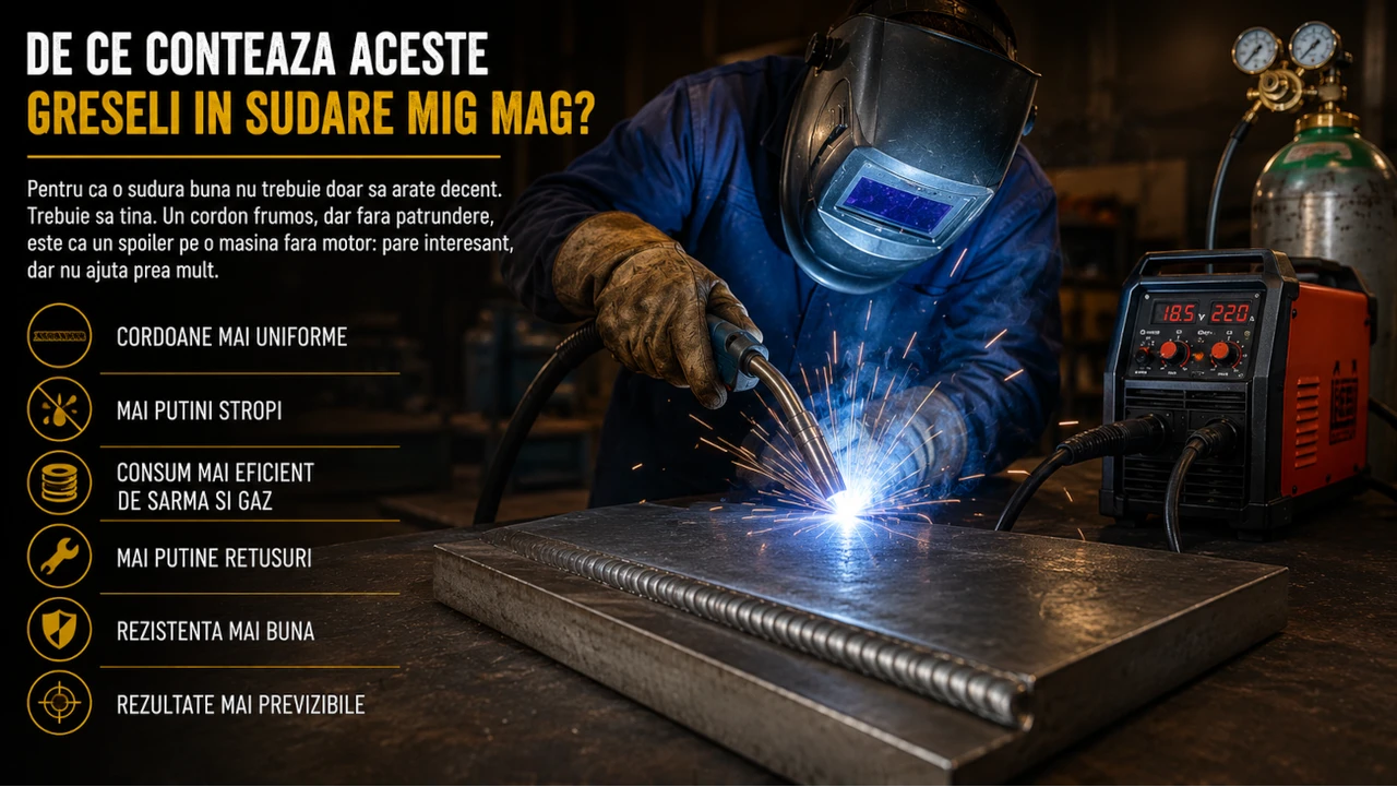 Sudare MIG MAG in atelier, cu cordon uniform si rezultate mai curate dupa reglaje corecte.