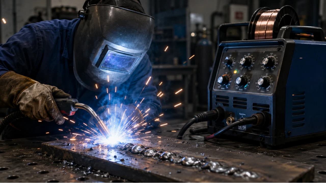 Sudare MIG MAG in atelier, cu reglaje verificate si cordon de proba pe placa metalica.