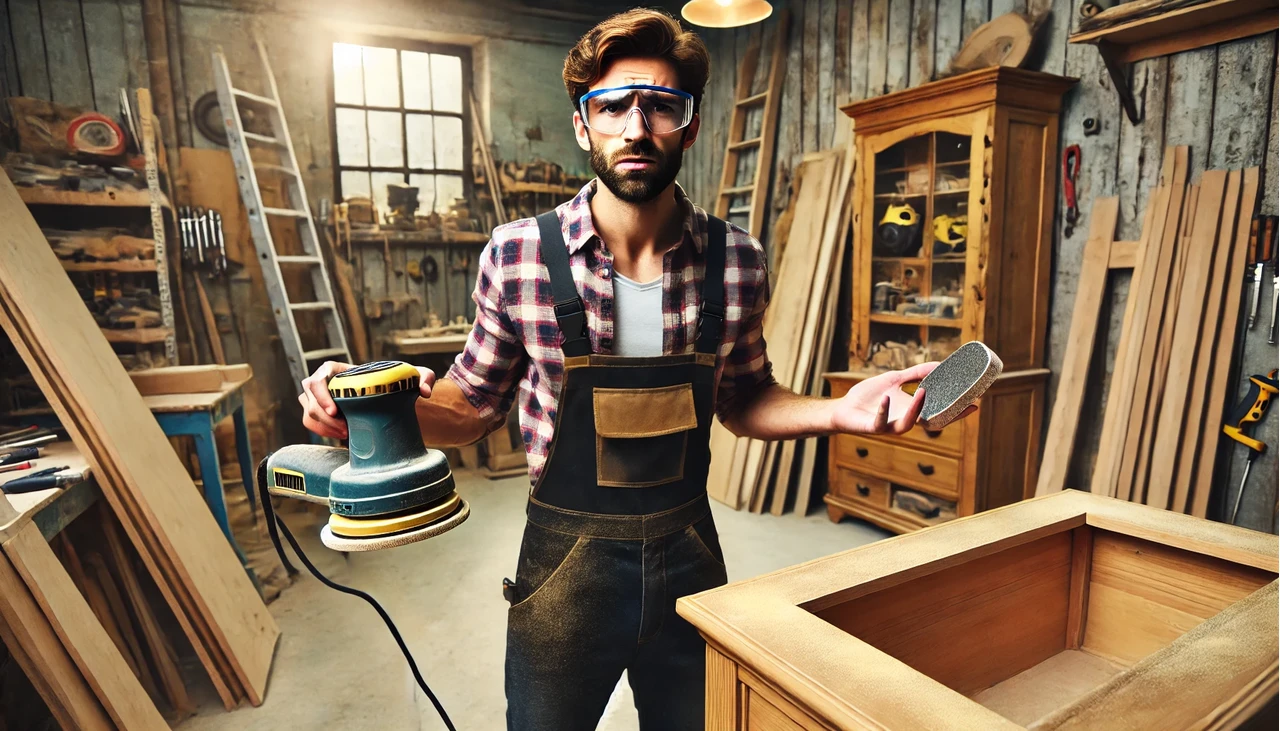 tanácstalan férfi csiszológéppel és csiszolószivaccsal