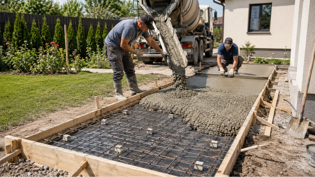 Turnarea betonului in cofraj cu armatura, pentru o alee in curte