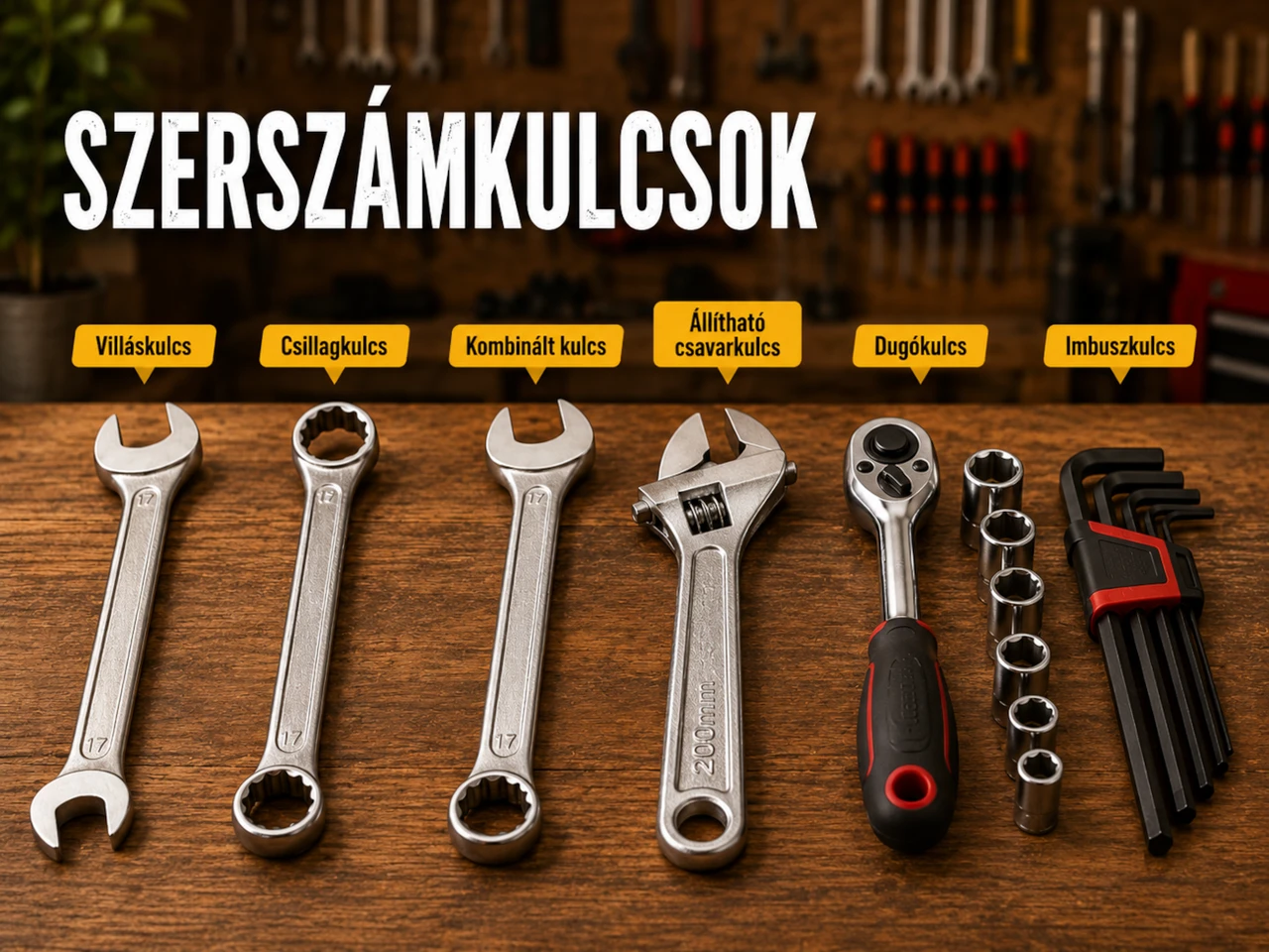 Villáskulcs, csillagkulcs, kombinált kulcs, állítható csavarkulcs, dugókulcs és imbuszkulcs egy műhelyasztalon.
