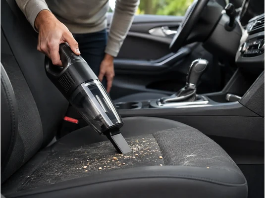 Aspirator auto de mana curatand firimituri si par de animale de pe scaunul unei masini