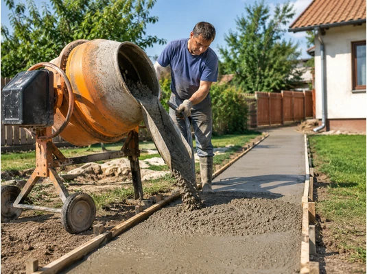 Barbat care toarna beton pentru o alee in curte, langa o betoniera
