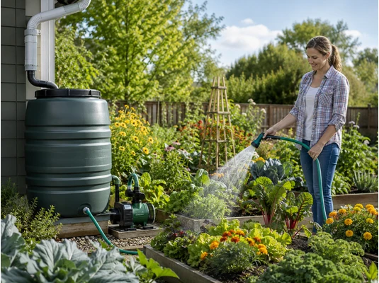 Esővíz szivattyú használata kerti locsoláshoz esővízgyűjtő tartállyal