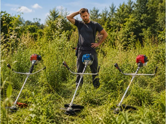 Férfi benzines fűkaszák között egy benőtt telken