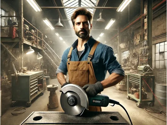 egy műhelyben egy férfi és egy nagy flex