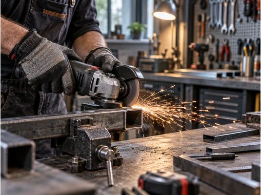 Flex mic utilizat pentru taierea precisa a unui profil metalic in atelier.