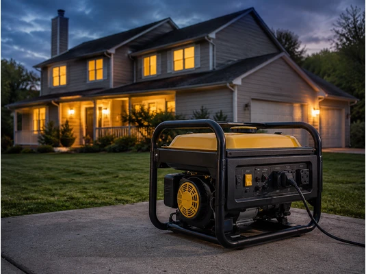 Generator curent pentru casa in curte, langa locuinta luminata seara