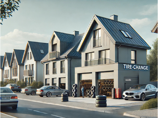 gumicsere műhely lakóházak között