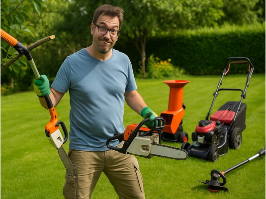 kerti gépekkel körbevett férfi