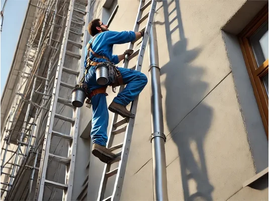 kihúzható létrára mászik egy férfi