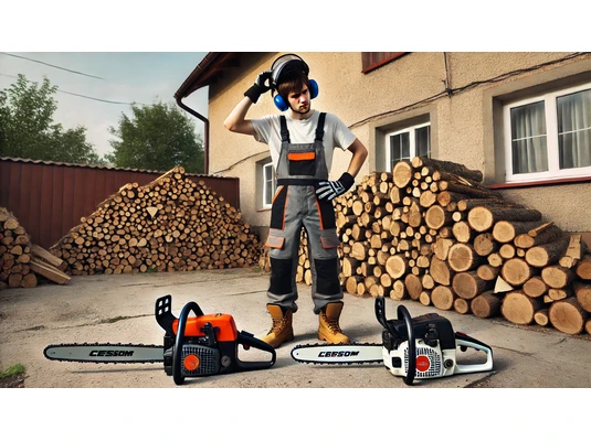 láncfűrészek és farönkök, valamint egy tanácstalan férfi aki nem tudja melyik láncfűrészt válassza