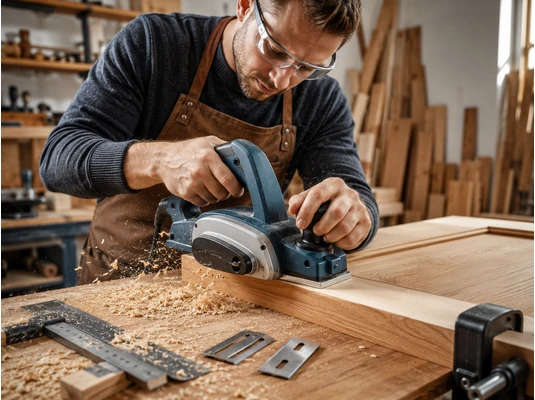 Tamplar folosind o rindea electrica profesionala in atelier