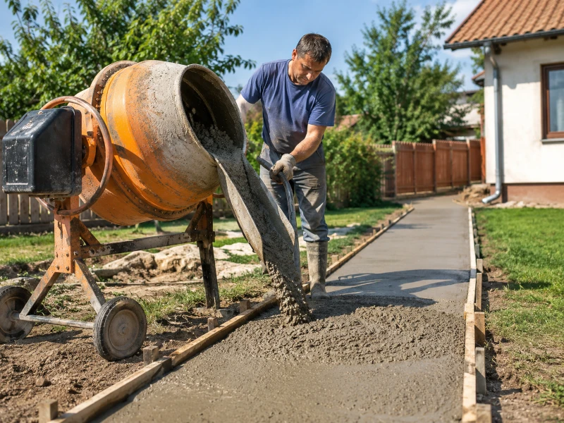 Barbat care toarna beton pentru o alee in curte, langa o betoniera Barbat care toarna beton pentru o alee in curte, langa o betoniera