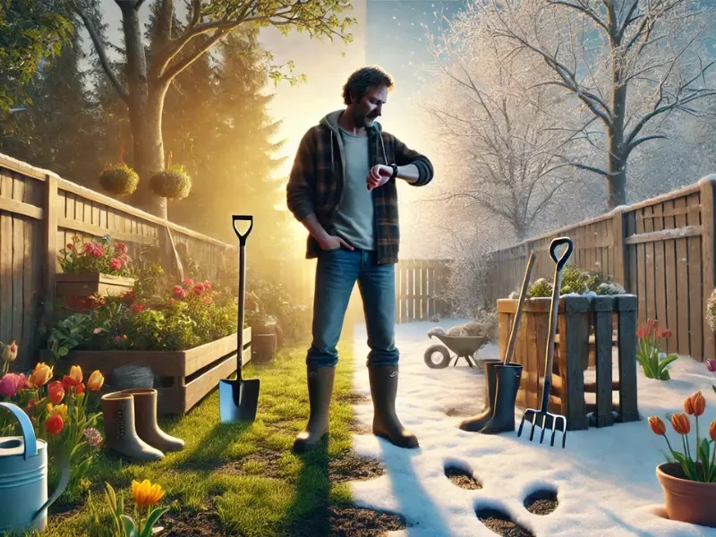 férfi a kertben várja a tavaszt férfi a kertben várja a tavaszt