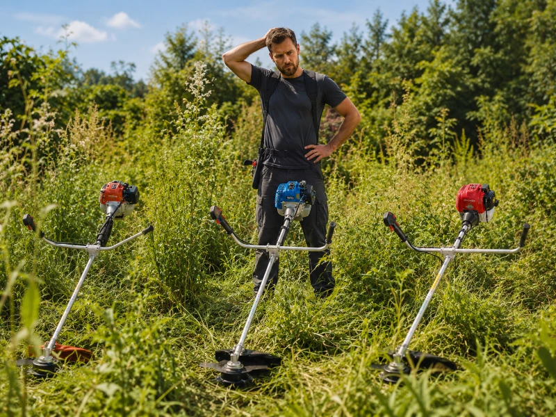 Férfi benzines fűkaszák között egy benőtt telken Férfi benzines fűkaszák között egy benőtt telken