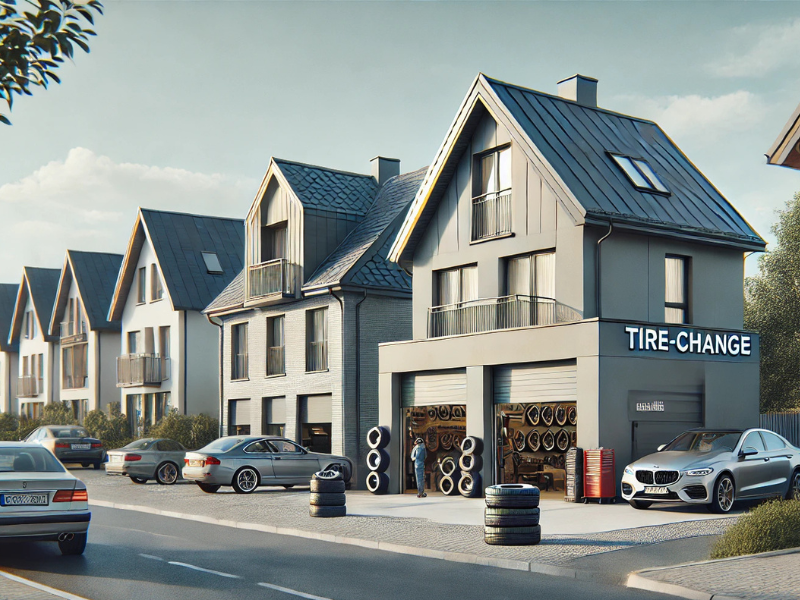 gumicsere műhely lakóházak között