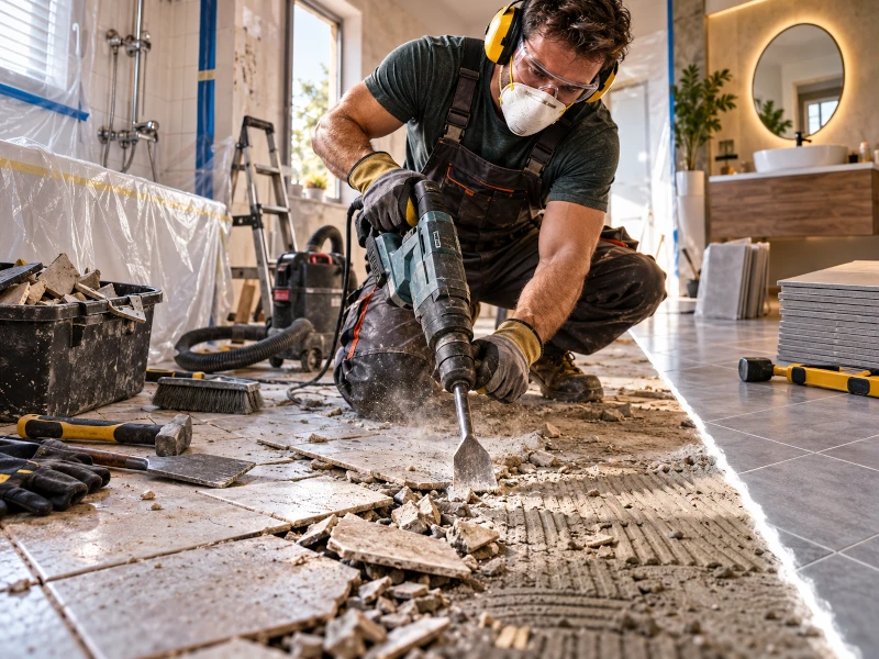 Indepartare gresie cu ciocan rotopercutor in timpul renovarii baii Indepartare gresie cu ciocan rotopercutor in timpul renovarii baii