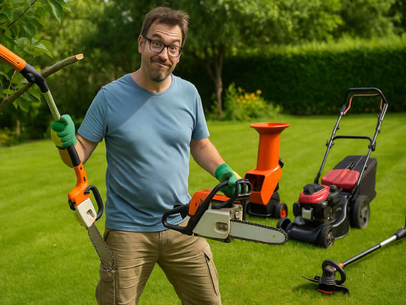 kerti gépekkel körbevett férfi