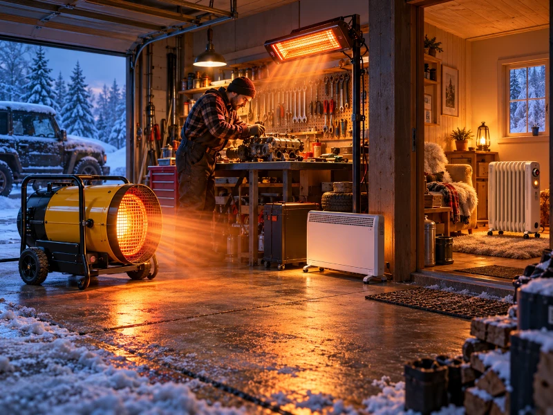 Mobil fűtés műhelyben és garázsban hőlégbefúvóval, infravörös hősugárzóval, elektromos konvektorral és olajradiátorral. Mobil fűtés műhelyben és garázsban hőlégbefúvóval, infravörös hősugárzóval, elektromos konvektorral és olajradiátorral.